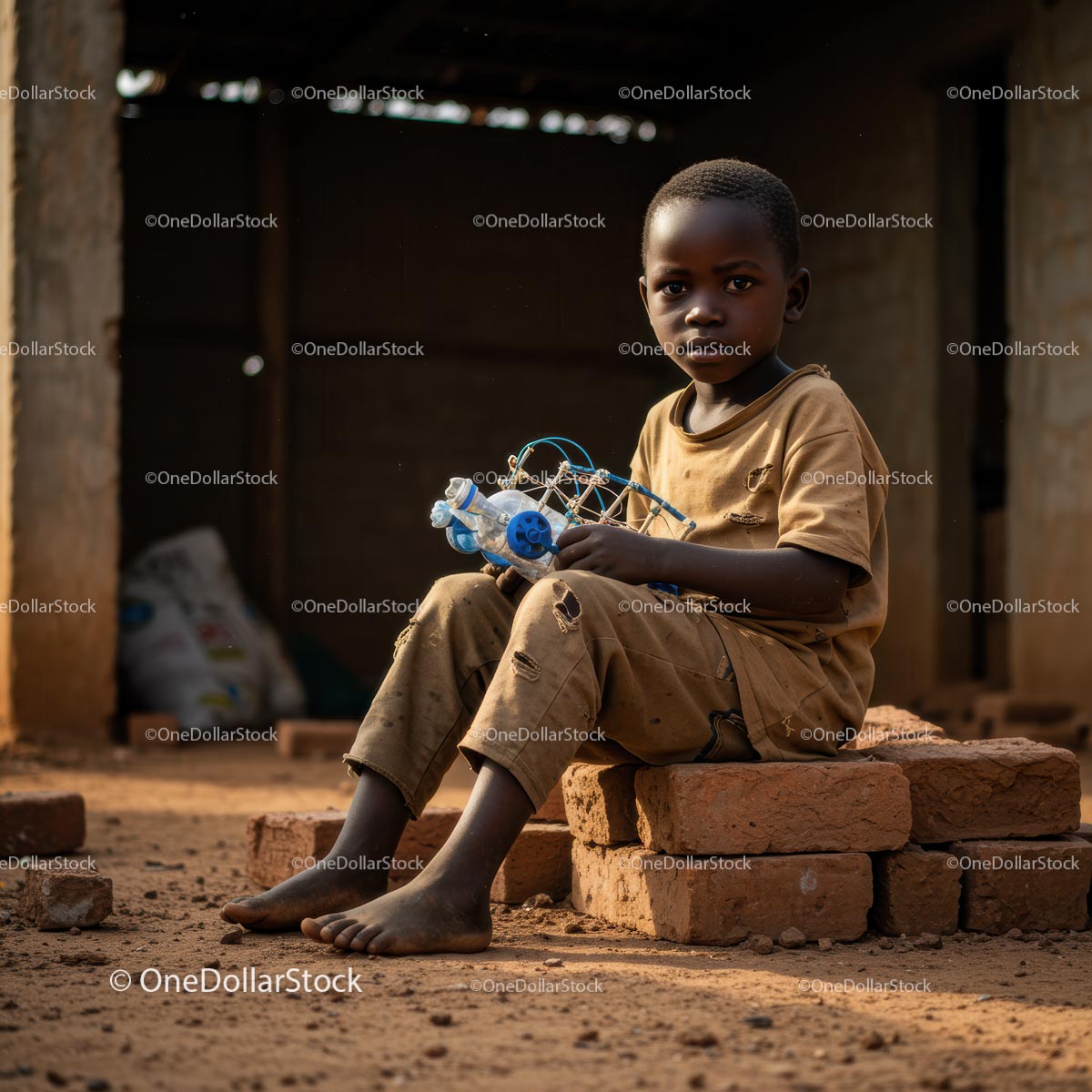 Creative Young Boy with Handmade Toy on Bricks
