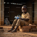 Creative Young Boy with Handmade Toy on Bricks
