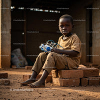 Creative Young Boy with Handmade Toy on Bricks