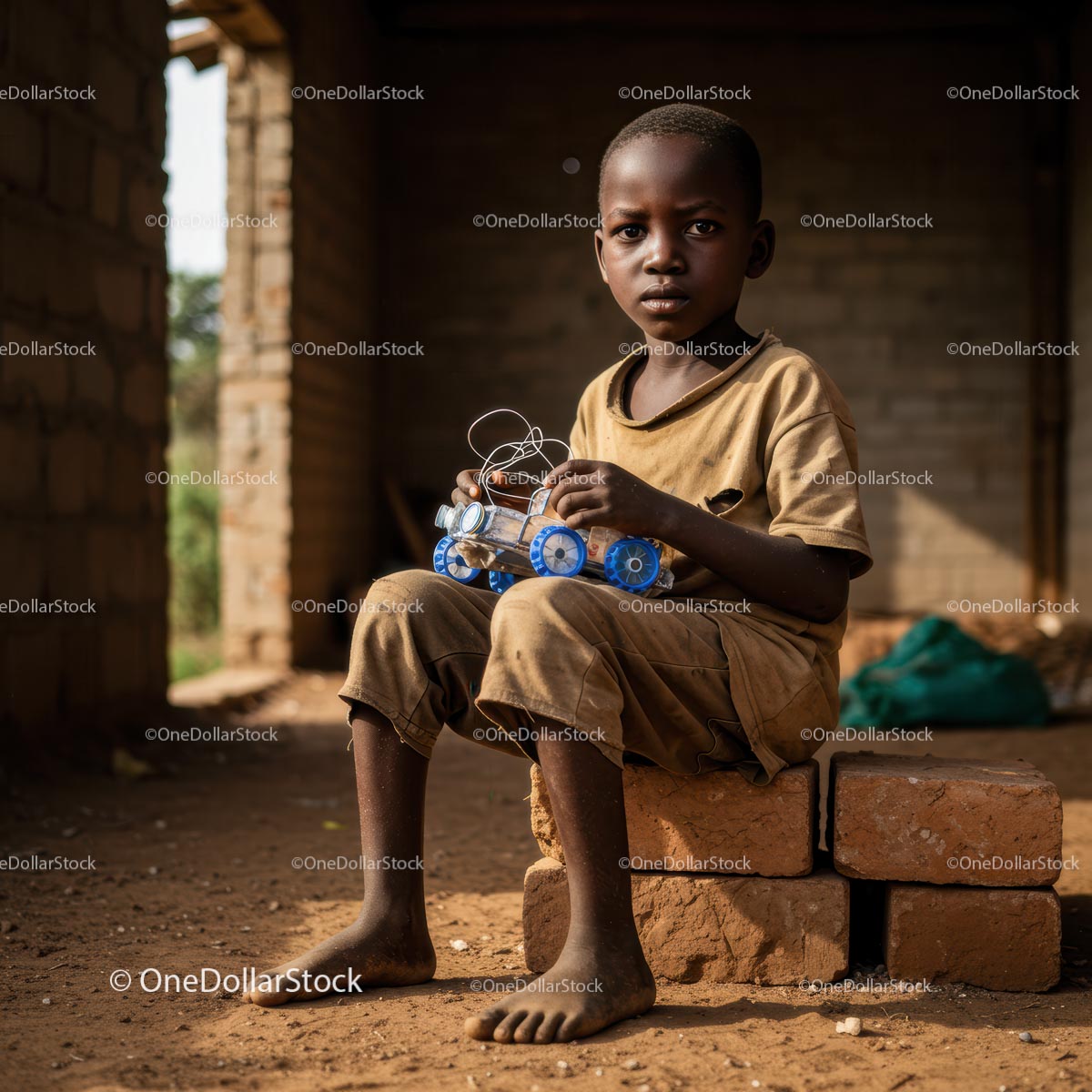 Boy with Handmade Toy Car in a Rural Setting