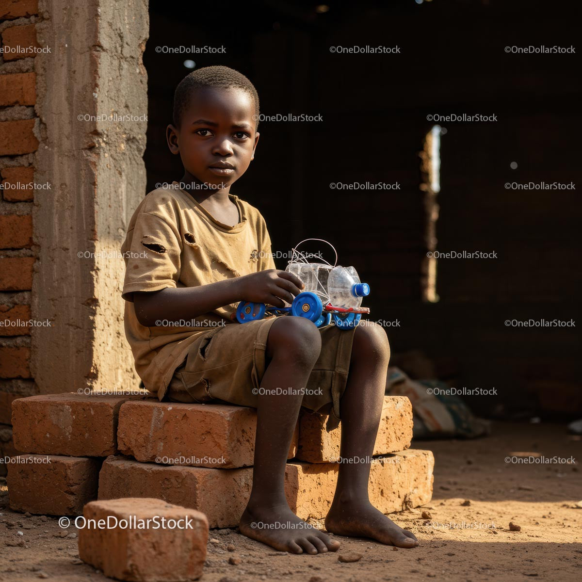 Boy with Handmade Toy in Rural Setting