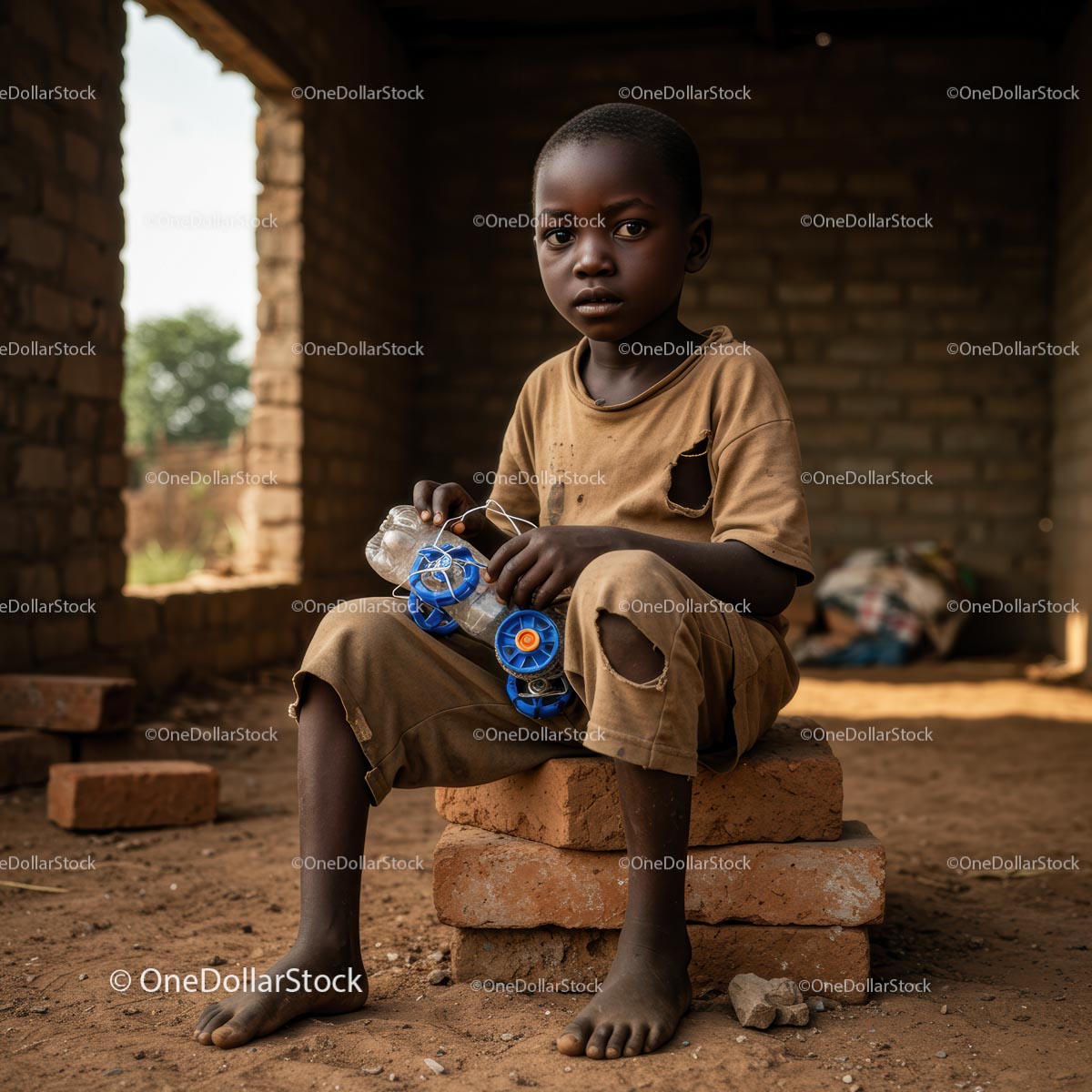 Child Holding Handmade Toy Car in Rural Setting