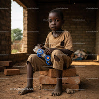 Child Holding Handmade Toy Car in Rural Setting