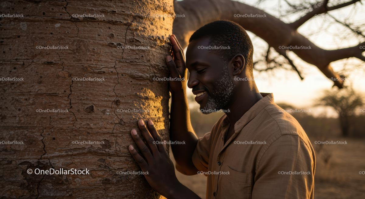 Man Connecting with Nature by Baobab Tree at Sunset