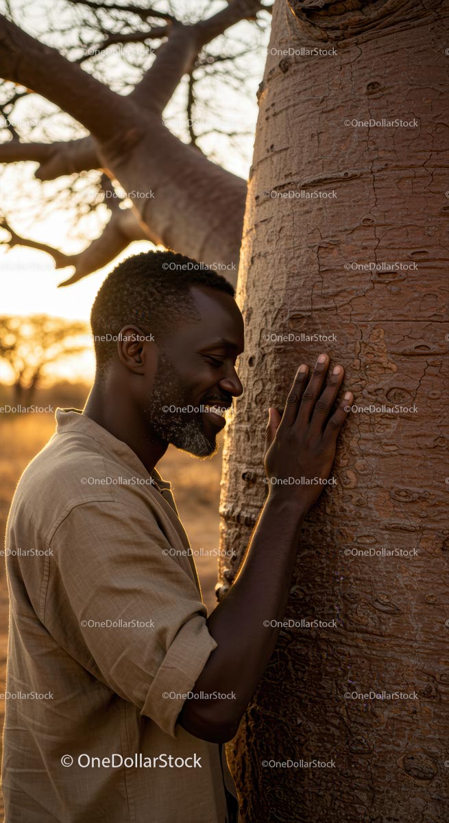 Man Embracing Baobab Tree at Sunset in Tranquil Setting