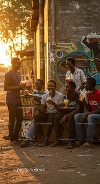 Friends Enjoying Drinks in Warm Sunset Light