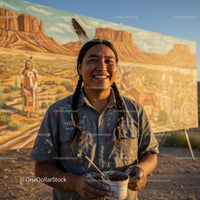 Native American Artist with Desert Mural Backdrop