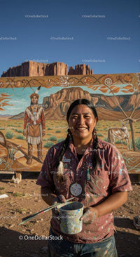 Smiling Artist Creating Colorful Mural in Desert Landscape