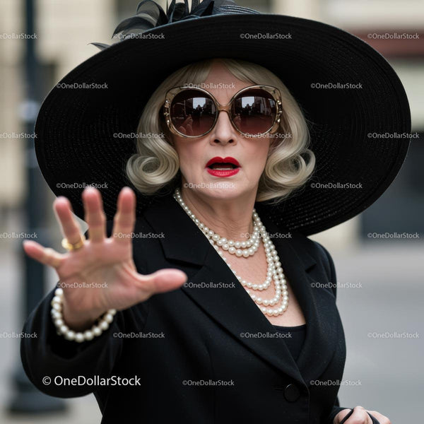 Glamorous Woman in Black Hat and Pearls Necklace