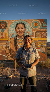 Indigenous Artist Smiling in Front of Colorful Mural