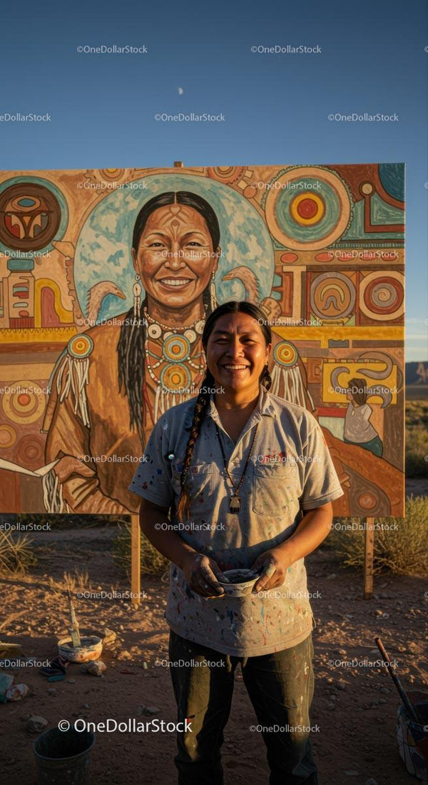 Rdzenna Artystka Uśmiechająca się Przed Kolorowym Muralem