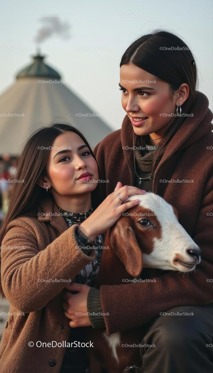 Young Women Enjoying a Relaxing Day with a Goat