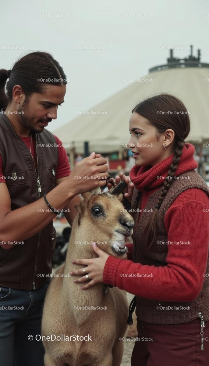 Young Couple in Countryside with Friendly Goat