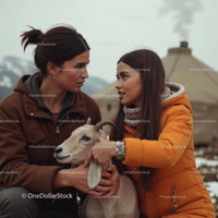 Family Bonding with Goat in Rustic Mountain Setting