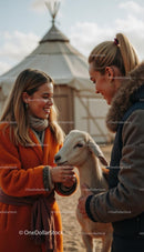 Two Women Joyfully Petting a Goat in a Rural Setting
