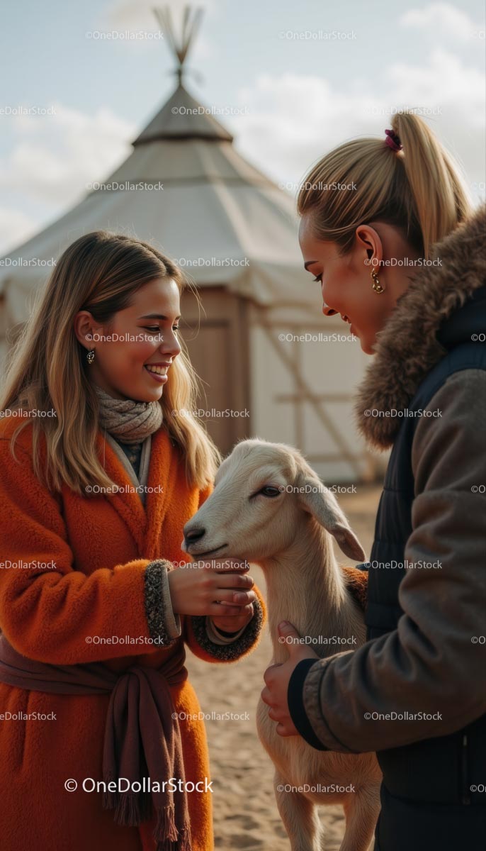 Two Women Joyfully Petting a Goat in a Rural Setting