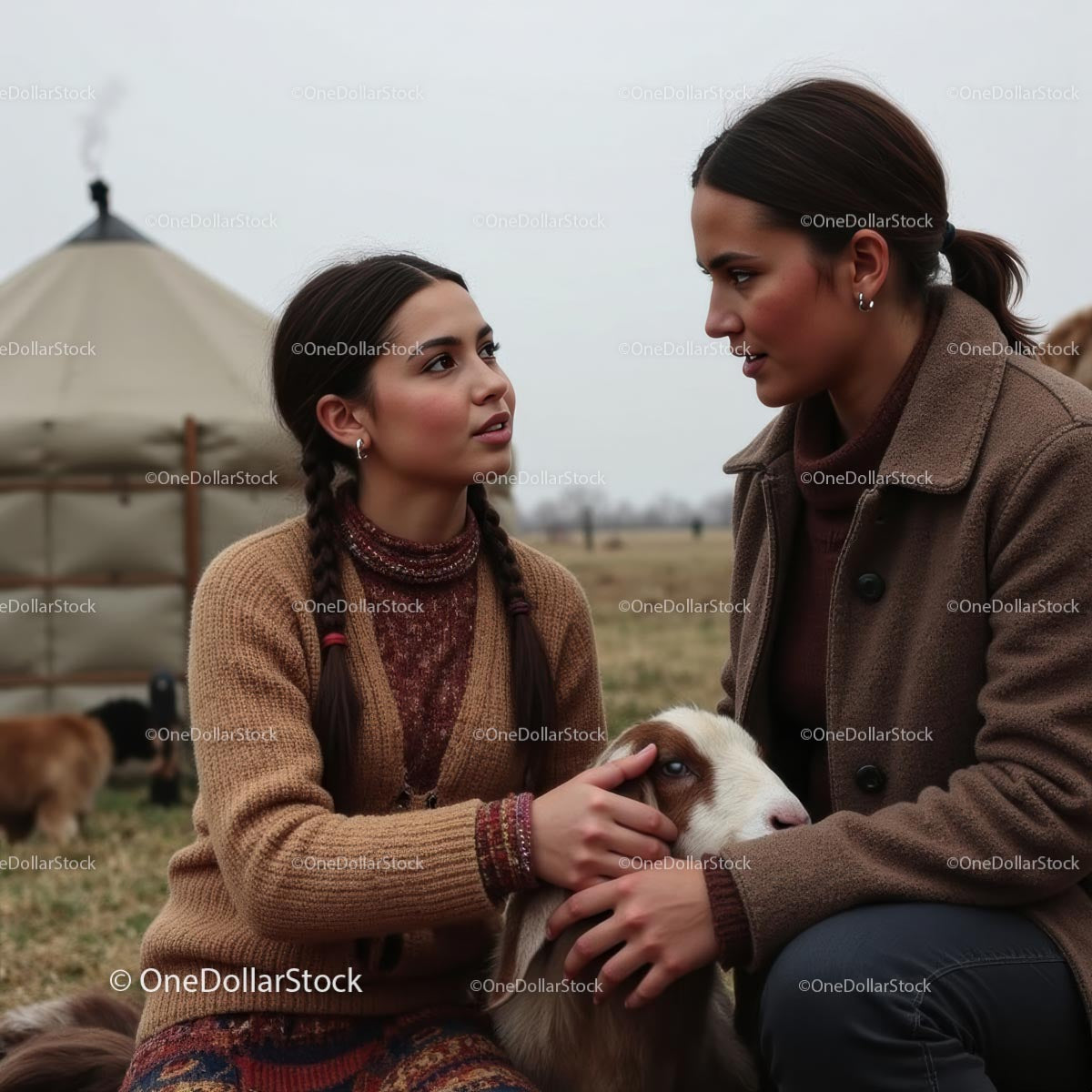 Women Engaged in Conversation with Goat in Countryside