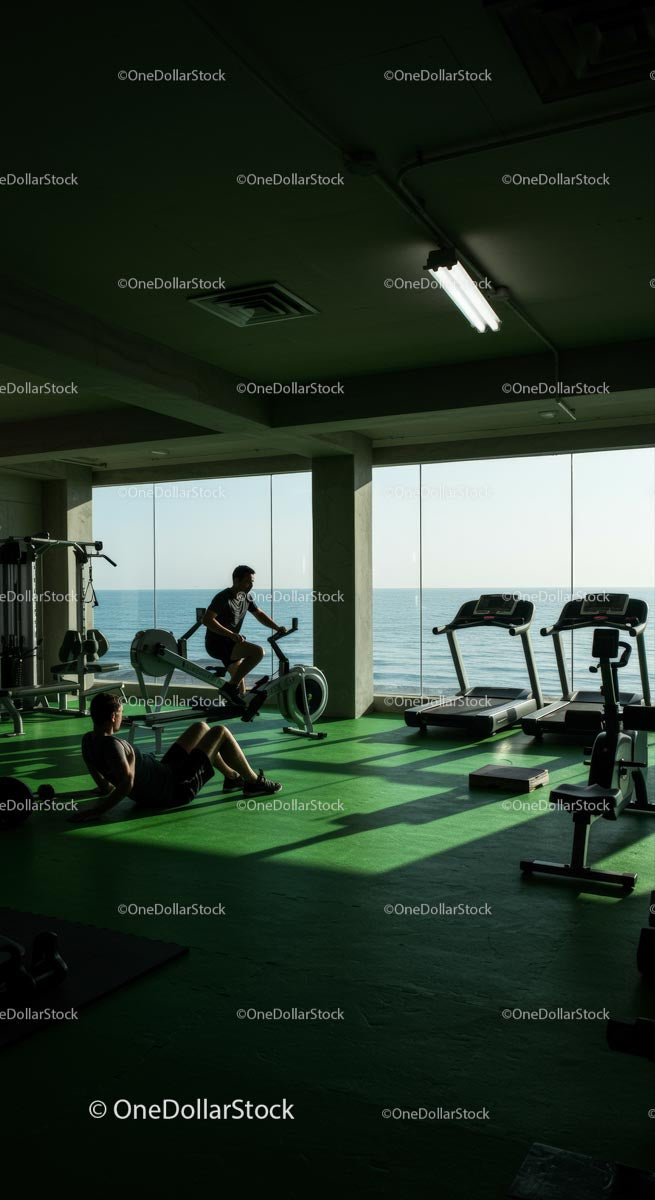 Modern Gym with Sea View and Workout Equipment