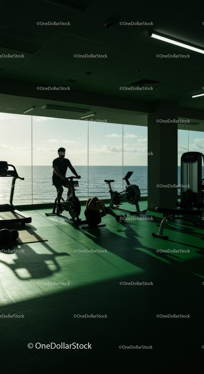Silhouette Exercise in Ocean View Gym at Sunset