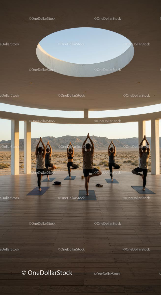 Yoga Class in Scenic Desert Setting Under Open Sky