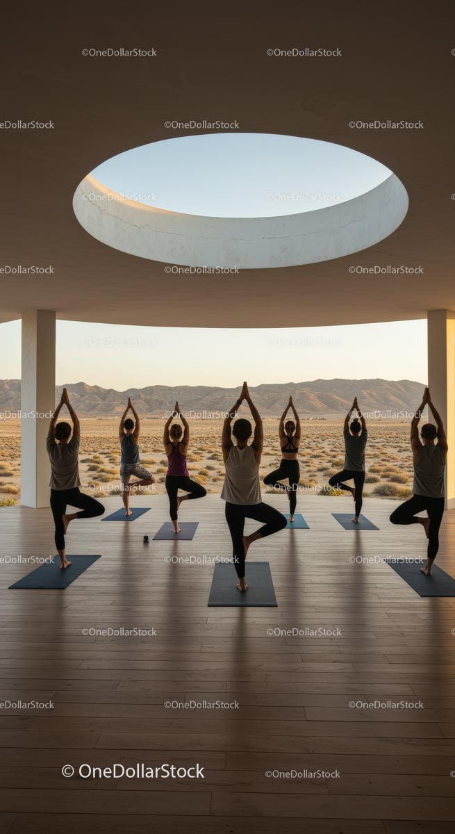 Group Yoga Session in Desert at Sunrise