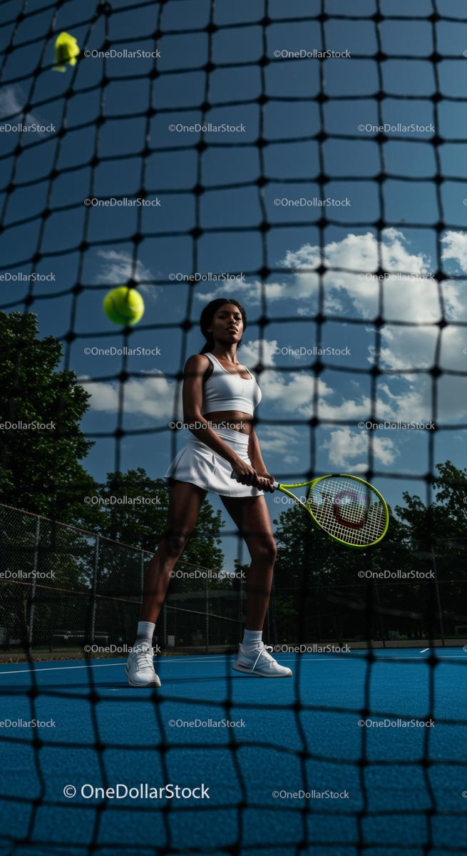 Woman in Action on Tennis Court Under Blue Sky