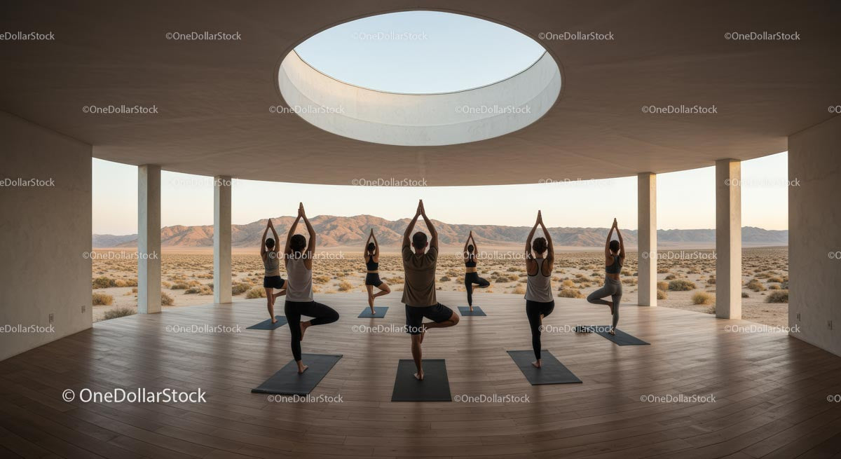 Yoga Group Practicing in Modern Desert Pavilion