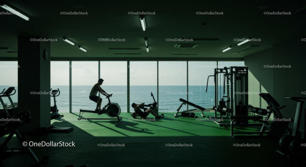 Workout in Modern Gym with Ocean View at Sunrise Stock Photo Bundle (10 JPG Files)