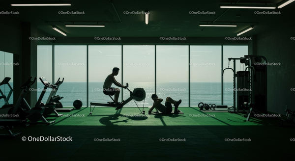 Silhouettes Working Out in Gym with Ocean View
