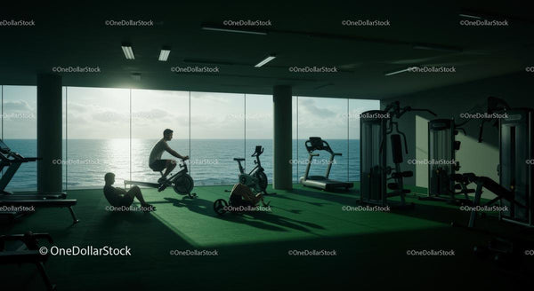 Sylwetki ćwiczące na siłowni z widokiem na ocean