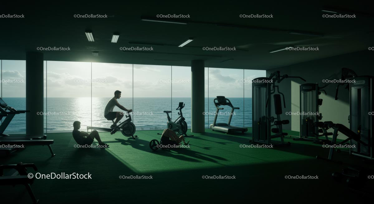 Workout in Modern Gym with Ocean View at Sunrise