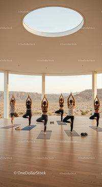 Group Yoga Class in Modern Space with Desert View