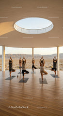 Outdoor Yoga Session in Modern Pavilion with Desert View