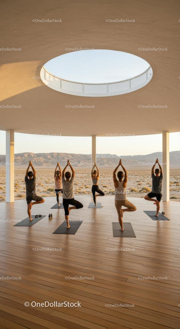 Outdoor Yoga Session in Modern Pavilion with Desert View
