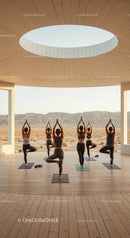 Group Yoga Session in Desert Setting on Wooden Deck