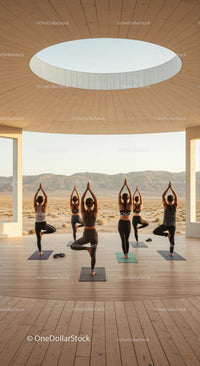 Group Yoga Session in Desert Setting on Wooden Deck