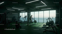 Workout in Modern Gym with Ocean View at Sunrise