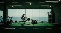 Workout in Modern Gym with Ocean View at Sunrise