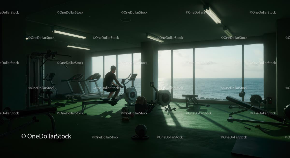 Workout in Modern Gym with Ocean View at Sunrise