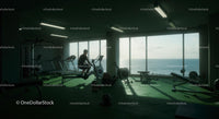 Workout in Modern Gym with Ocean View at Sunrise