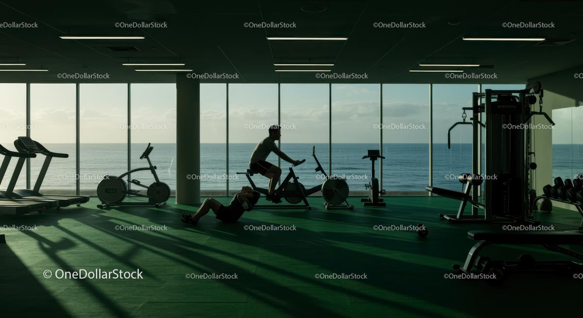 Workout in Modern Gym with Ocean View at Sunrise