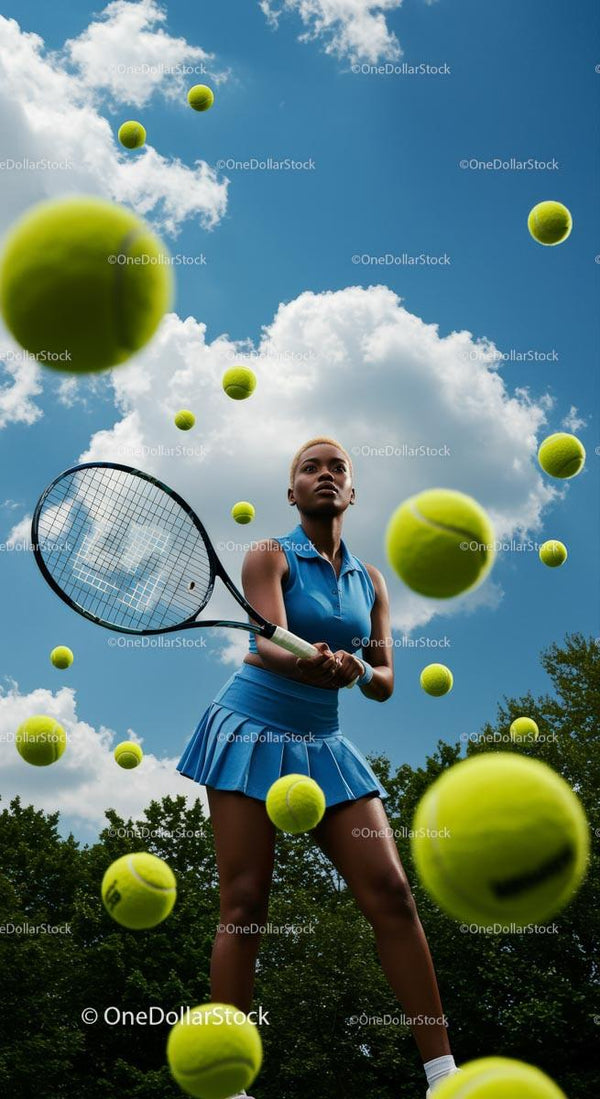 Dynamic Tennis Player in Blue Dress with Tennis Balls