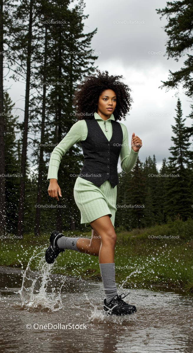Woman Running Through a Forest Trail with Energetic Splash
