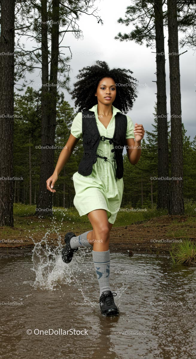 Woman Running Through a Forest Trail with Energetic Splash