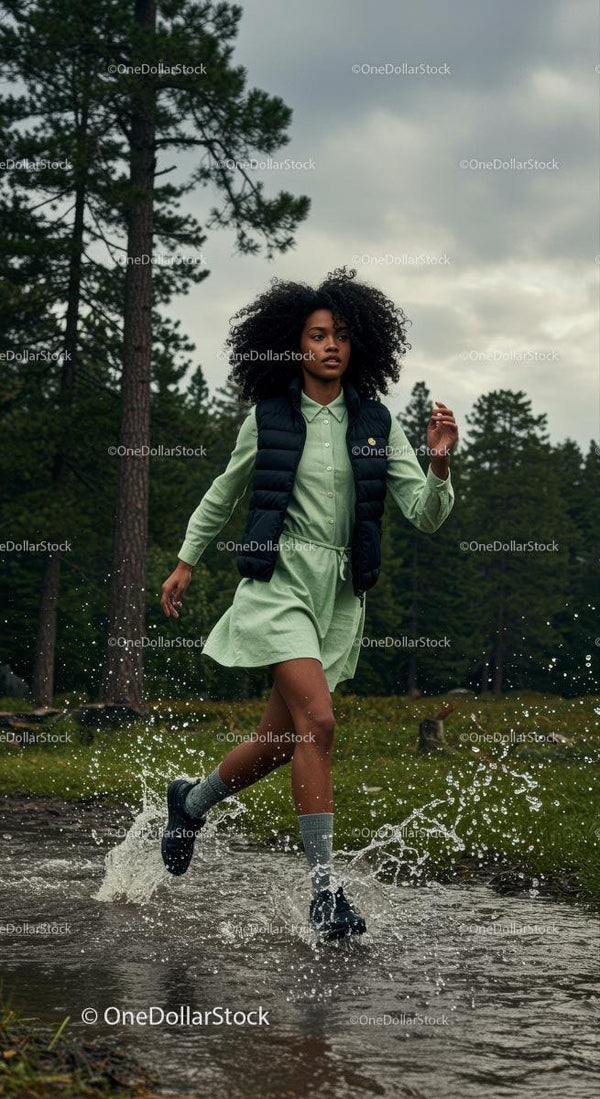 Woman Splashing Through Forest Stream in Casual Outfit