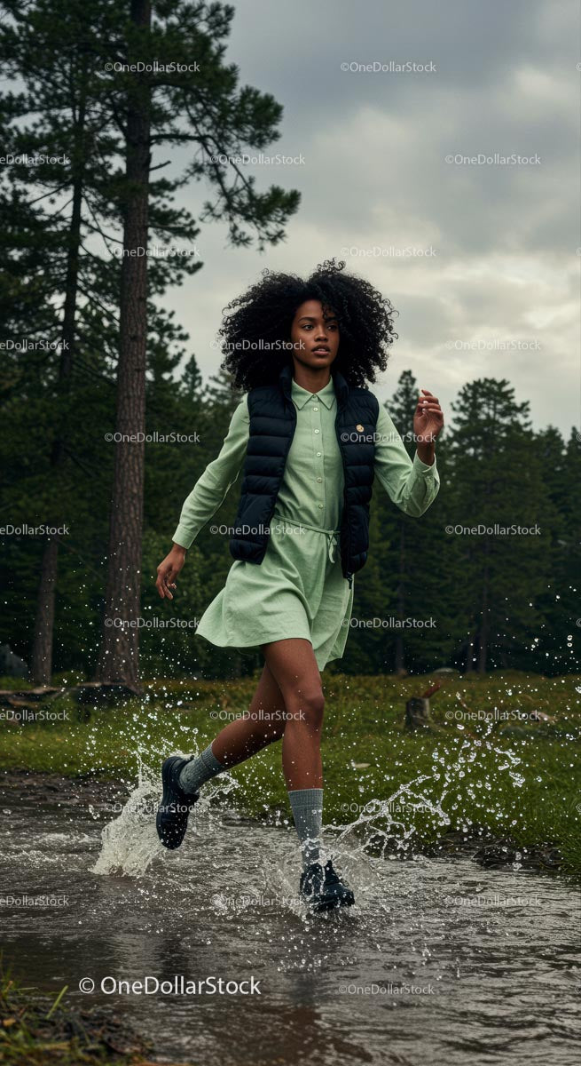 Woman Running Through a Forest Trail with Energetic Splash