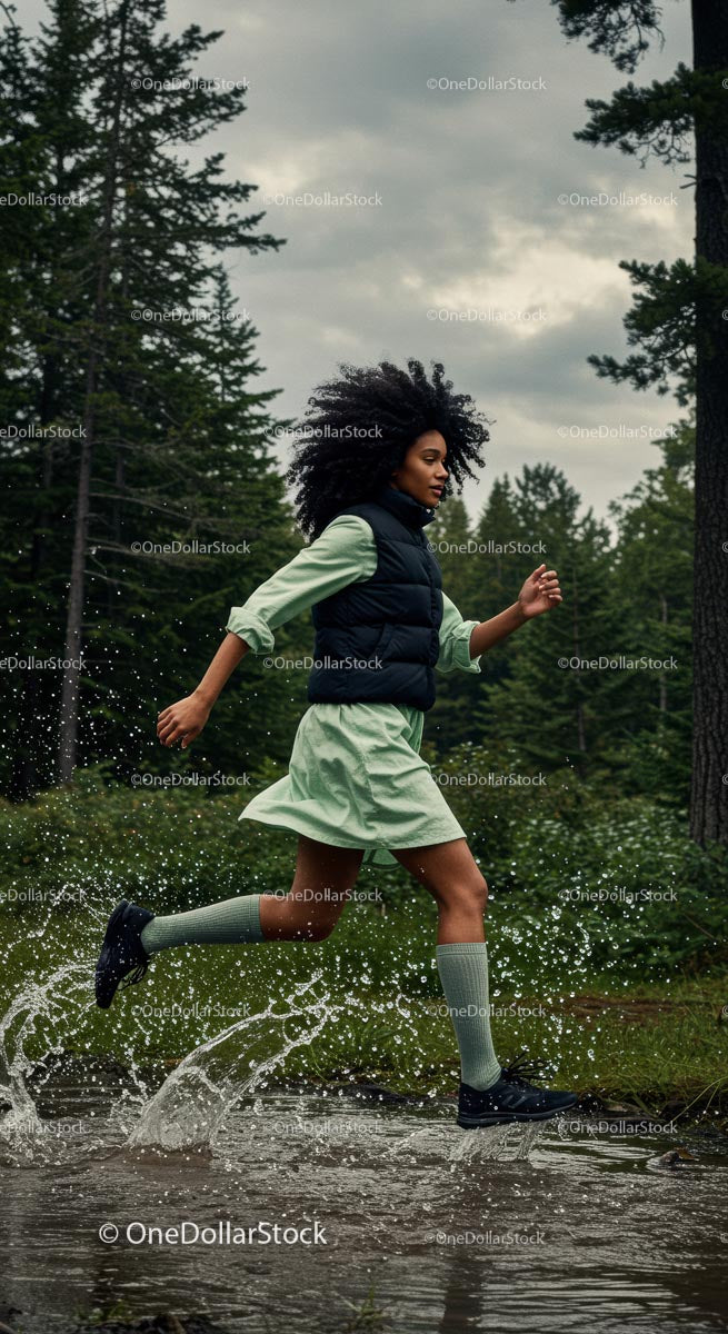 Woman Running Through Forest in Green Dress