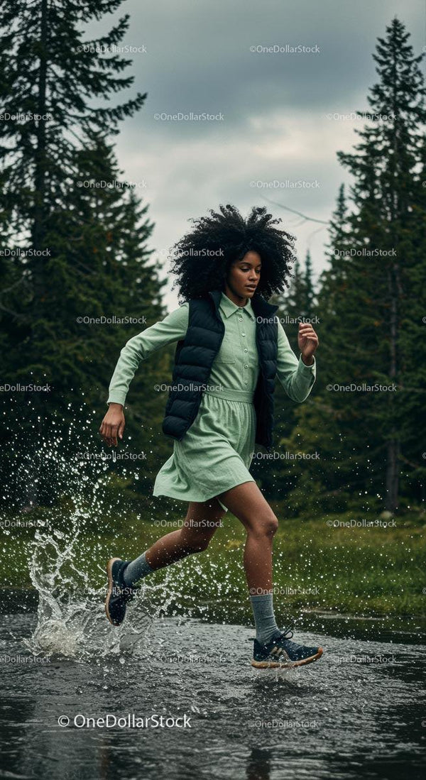 Woman Running Through Water in Green Forested Landscape