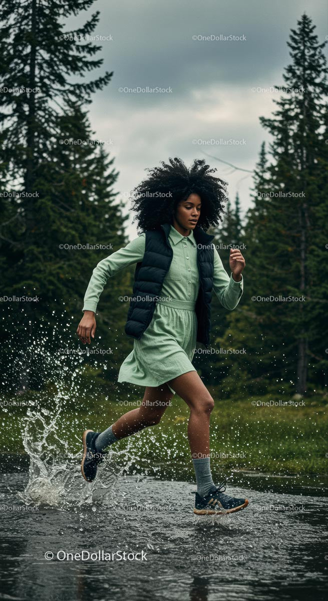 Woman Running Through a Forest Trail with Energetic Splash