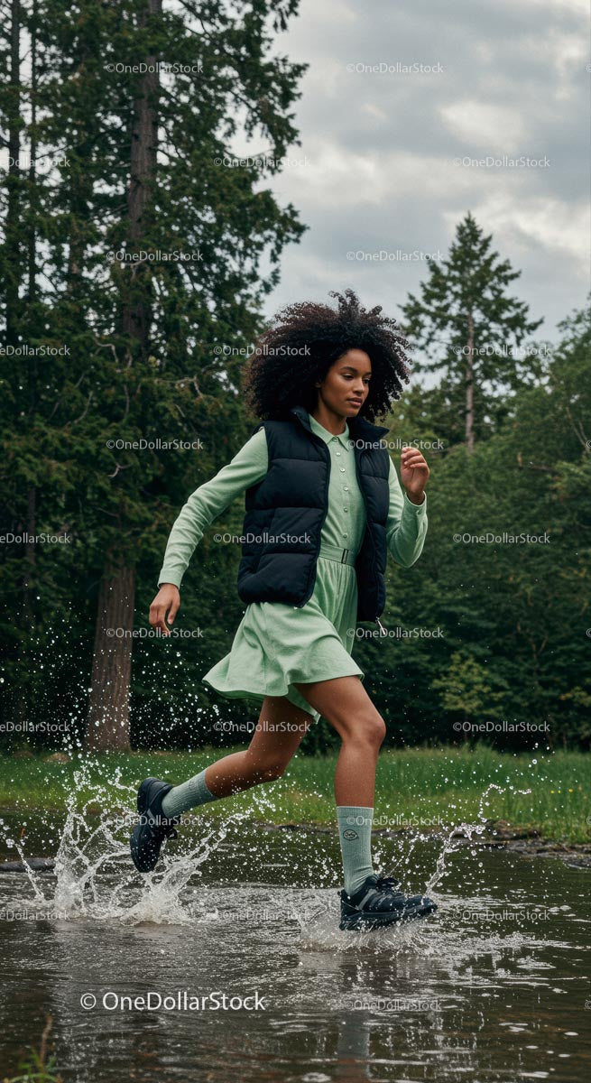Woman Running Through a Forest Trail with Energetic Splash